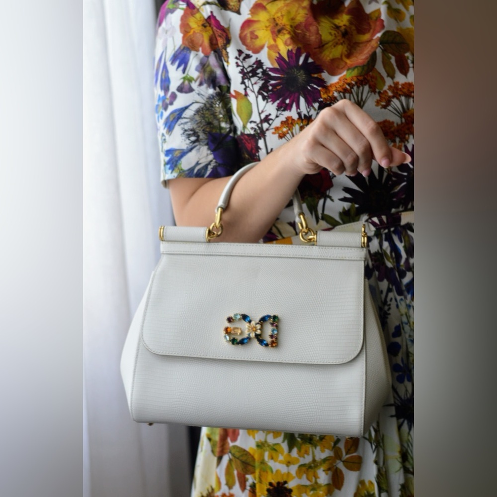 Dolce & Gabbana white stampa iguana lizard medium miss sicily top handle bag